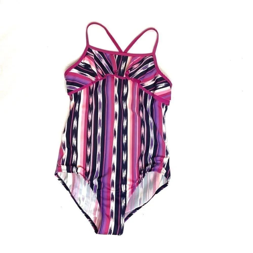 Lands End pink and purple vertical stripe one piece swimsuit size 12+